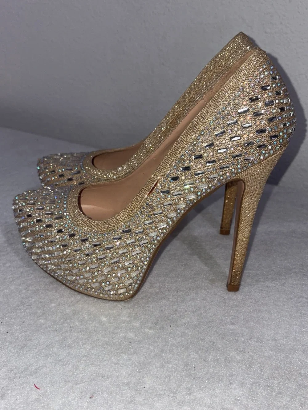 Gold Crystal Platform High Heels - Women's Shoes